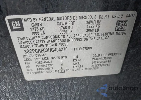 2017 Chevrolet Silverado 1500 1Lt from USA, damaged, VIN 3GCPCREC3HG404270